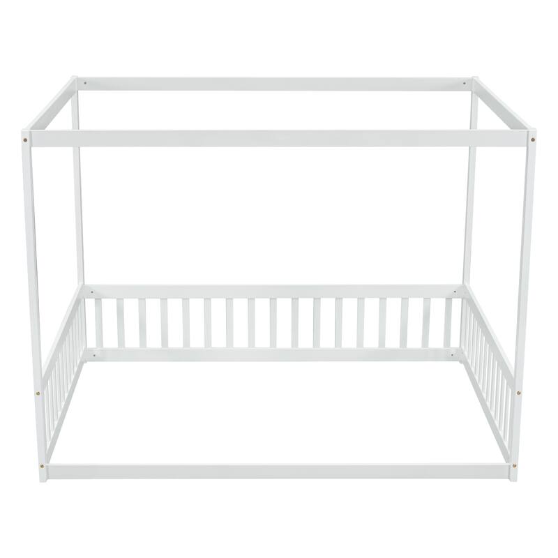 Pine Wood Canopy Frame Floor Bed with Fence and Guardrails for Bedroom