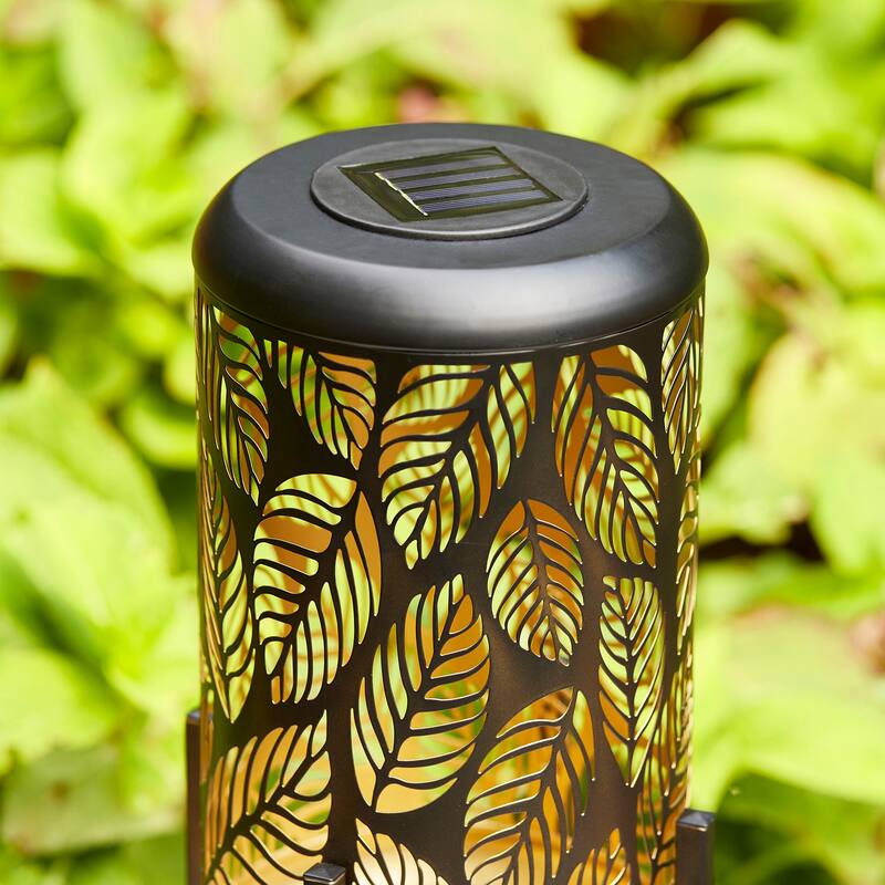Glitzhome 14.25"H Set of 2 Metal Flower Cutout Solar Lanterns Floor Lantern