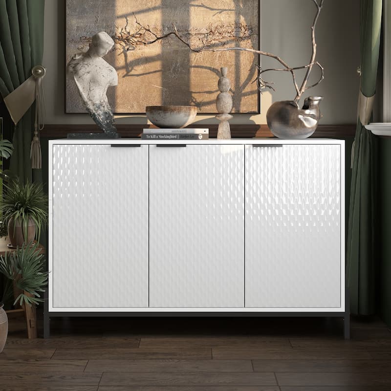 Modern 3-Door Shoe Cabinet, Buffet Sideboard with Powder Coated Metal Feet, Storage Cabinet with Striped Pattern