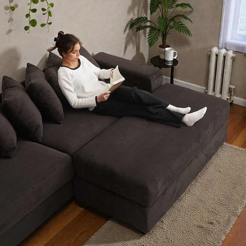 Oversized L Shaped Sectional Sofa with Chaise, Corduroy Upholstered Couch with Armrest Storage and Ottoman