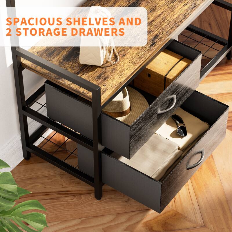 Anmytek 33.1 Inch Wide Hall Tree Entryway Bench with Shoe Storage Shelves Garment Racks 23 Hooks and 2 Movable Drawers