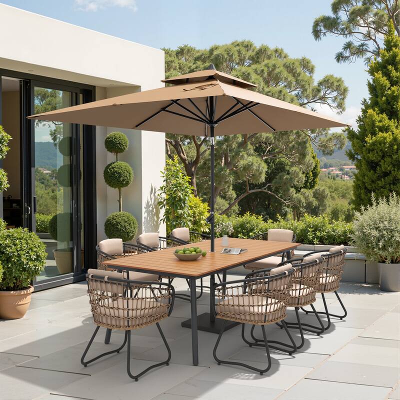 9/11-piece Outdoor Dining Set w/ Umbrella and Base Aluminum Dining Table and PE Rattan Wicker Chairs - Set of 11 - 82.48 inches long brown table