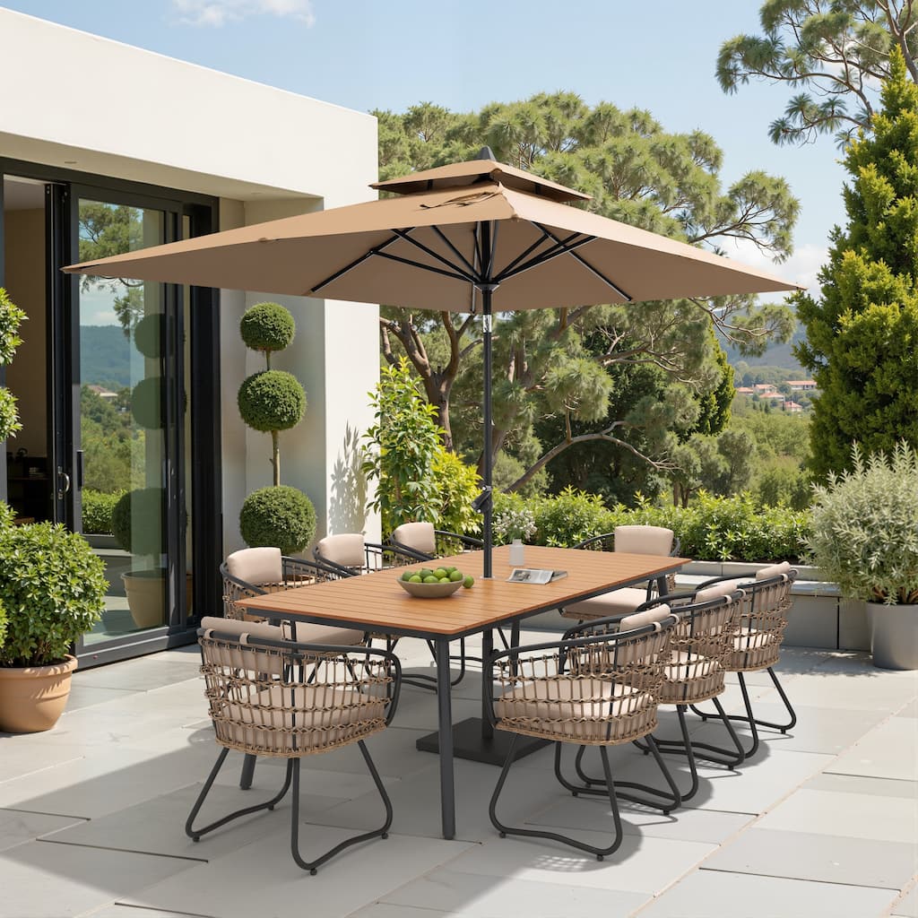 9/11-piece Outdoor Dining Set w/ Umbrella and Base Aluminum Dining Table and PE Rattan Wicker Chairs