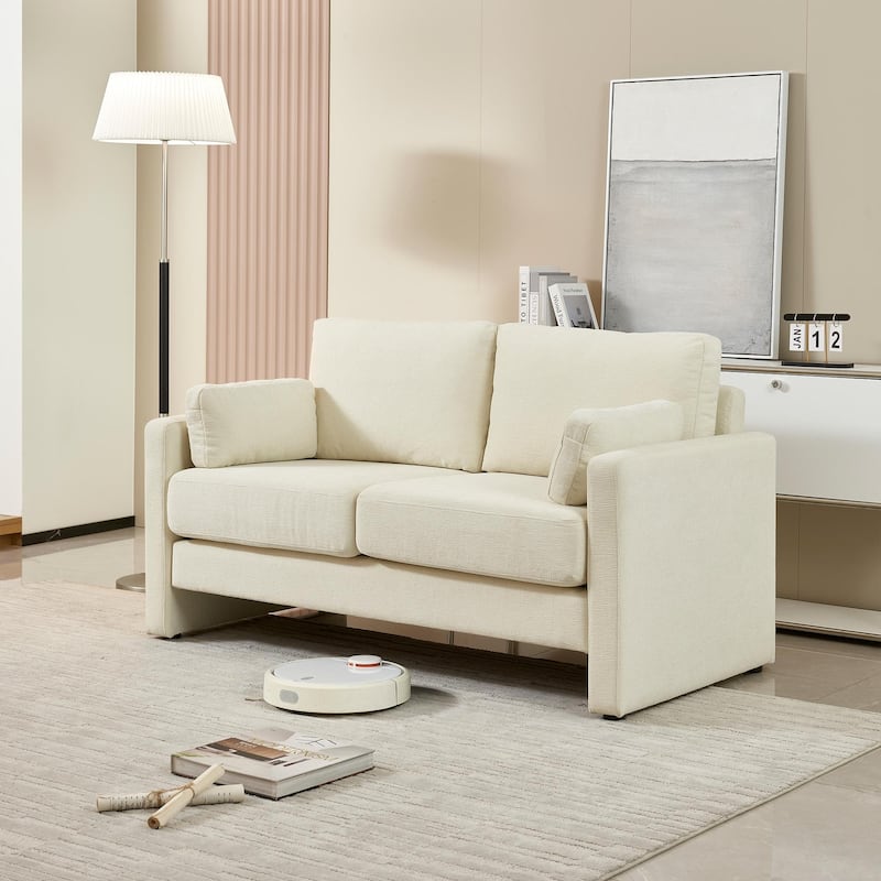58.66"Small Modern Loveseat Sofa,Mid Century Chenille Fabric 2-Seat Couch Love Seat with Back Cushions - Beige