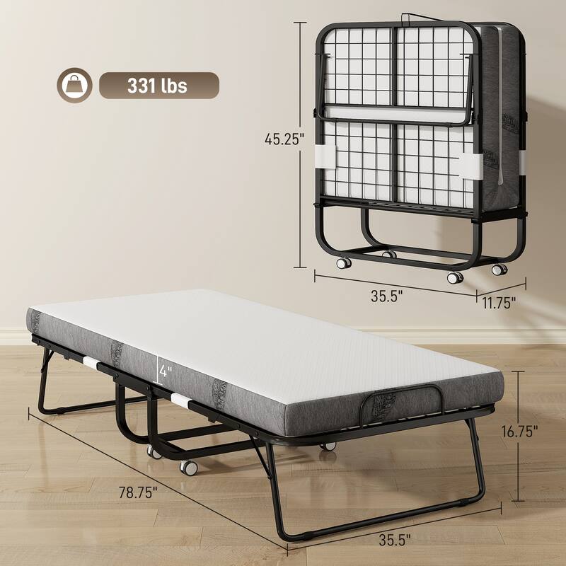 HOMCOM Folding Bed with 4 Inch Mattress, Portable Foldable Guest Bed with Sturdy Metal Frame on Wheels