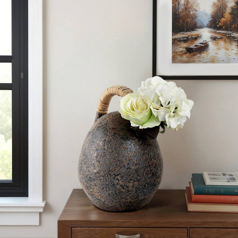 Pottery Terracotta Vase Textured Finish with Woven Handle
