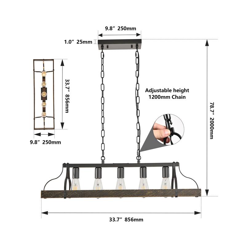 34-Inch Black Gold Vintage Pendant Light, 5 E26 Bulb Sockets, Adjustable Chain Height - Antique Style Chandelier - Black+Gold