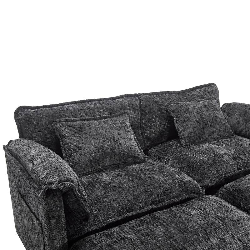Chenille Sleeper Sofa Bed Deep Seat Loveseat Sectional Couch with Ottomans Chaise Lounge, Detachable Armrests and Side Pockets