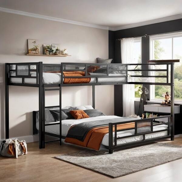 slide 2 of 12, L-shaped Metal Twin over Full Size Bunk Bed, Black Black