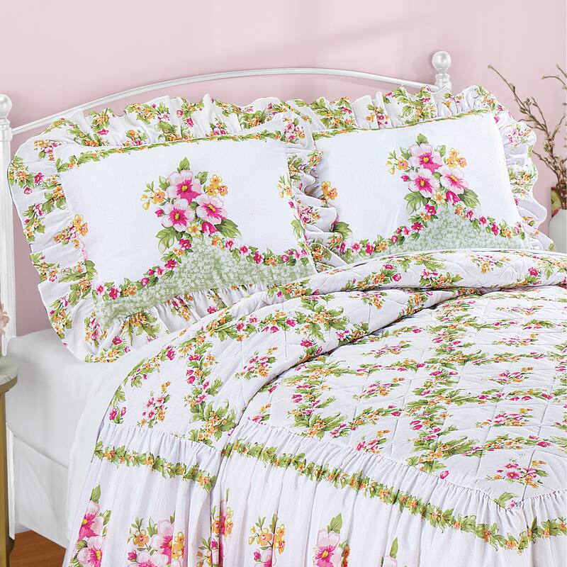Columbine Floral Trellis Ruffled Edge Pillow Sham - Green - 11.250 x 8.380 x 1.250