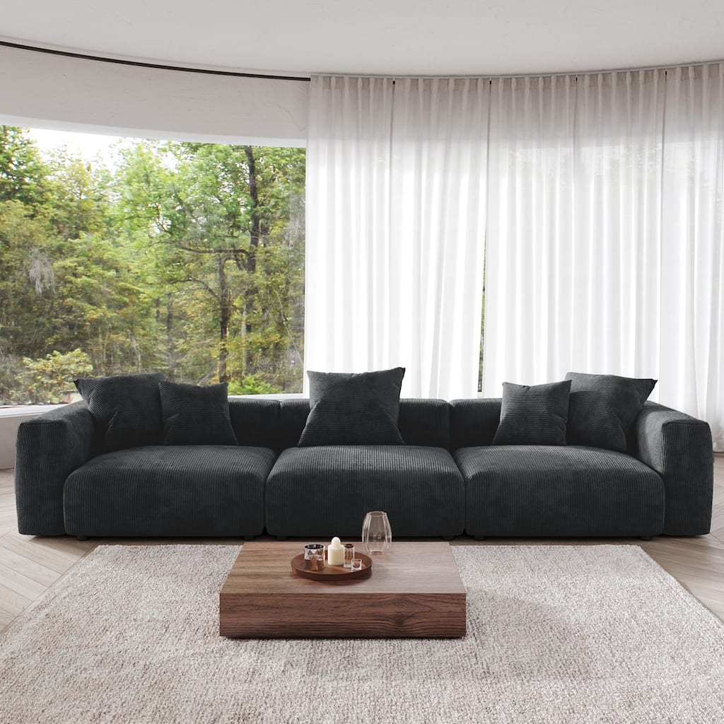 143 inch Sofa Couch- Deep Seat Sofa with 5 Pillows, 3 Seater Couch with Corduroy Fabric, Modern Sofas for Living Room