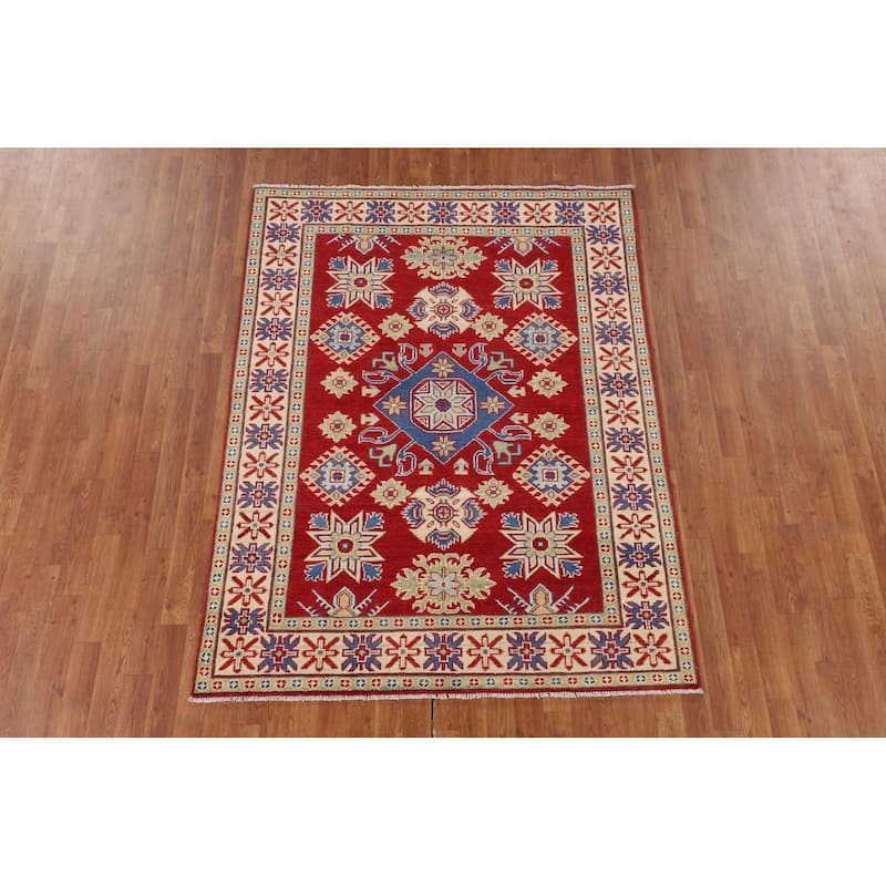 Red Geometric Kazak Oriental Area Rug Handmade Traditional Wool Carpet - 4'11" x 6'6"