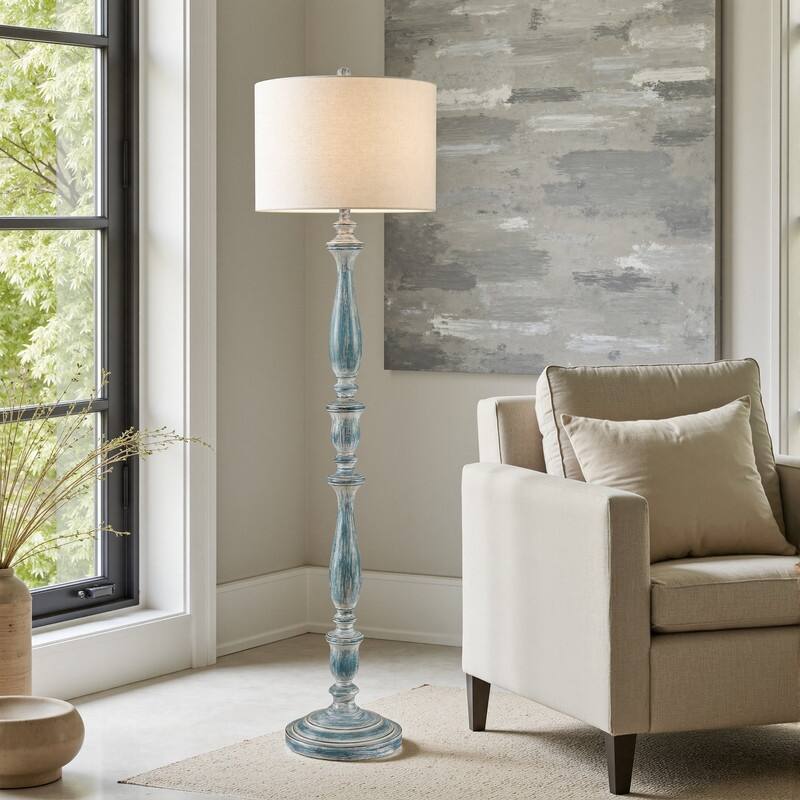 KAWOTI 61.25'' Rustic Distressed Light Blue Floor Lamp with Beige Linen Shade - W16" x H61.25"