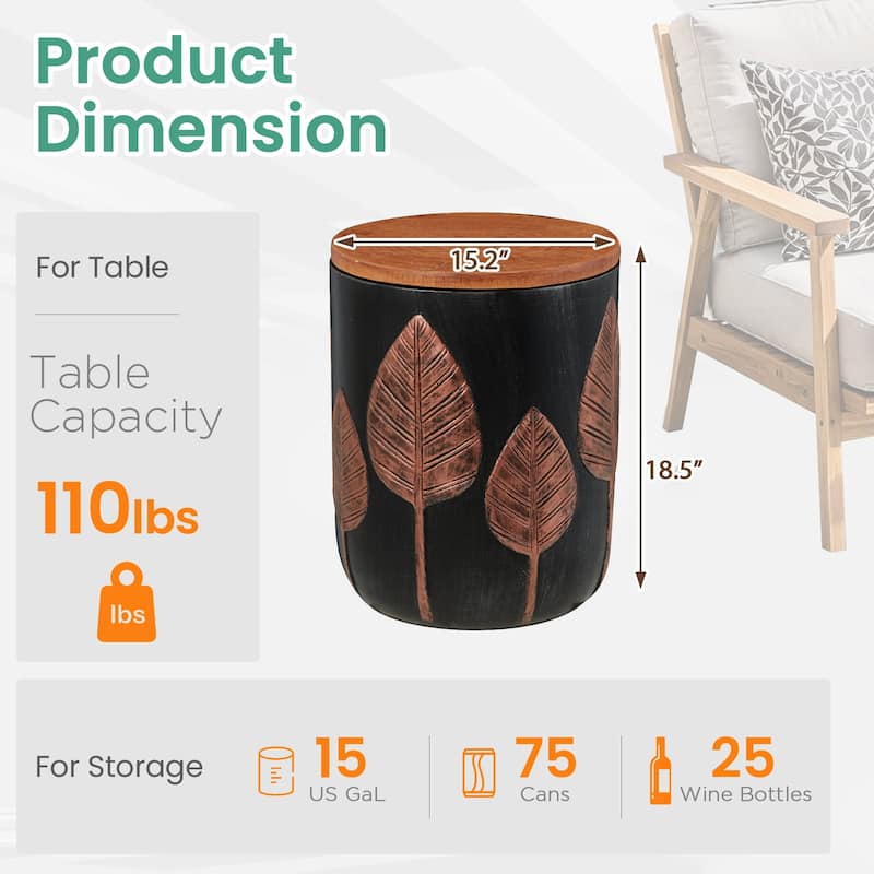 EROMMY Outdoor Side Table with Storage, Round Accent Table for Indoor and Outdoor Use, Rustic Side Table with Storage