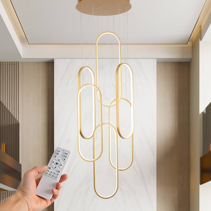 Modern LED Chandelier Large High Ceiling 6 Ring Dimmable Chandelier - Gold - 17.7x17.7x78in