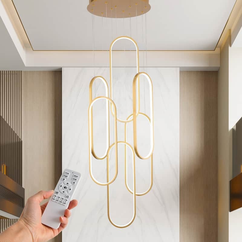 Modern LED Chandelier Large High Ceiling 6 Ring Dimmable Chandelier