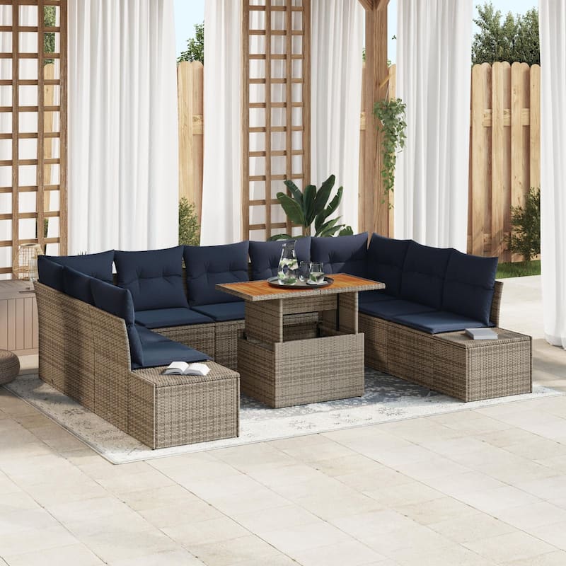 vidaXL 10 Garden Sofa Set with Cushions Black/Grey Poly Rattan - 113.8 x 82.3 x 27.2 - Grey