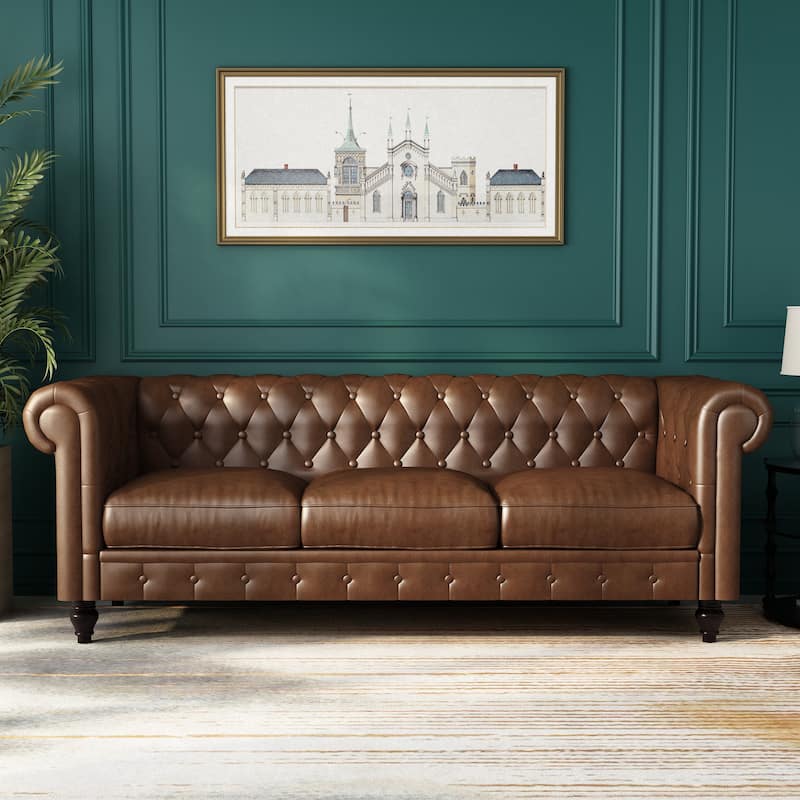 Sofa Faux Leather Chesterfield with Stately Wood Legs and Classic ...