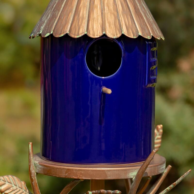 69" Tall Iron & Cobalt Blue Porcelain Birdhouse Stake "Cannes" - 9.25" L x 7" W x 69" H