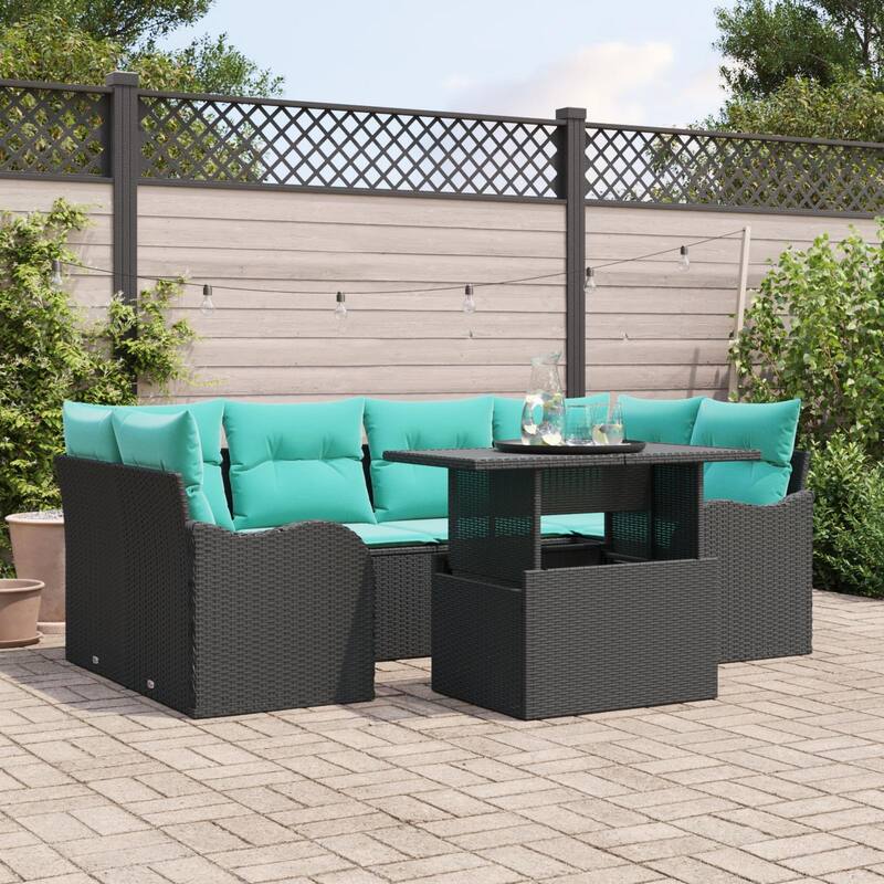 vidaXL 7 Garden Sofa Set with Cushions Black/Brown/Grey Poly Rattan - 92.1 x 48.2 x 27.2 - Black