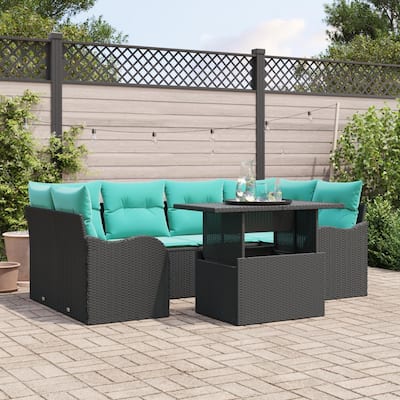 vidaXL 7 Piece Garden Sofa Set with Cushions Black Poly Rattan - 92.1×48.2×27.2