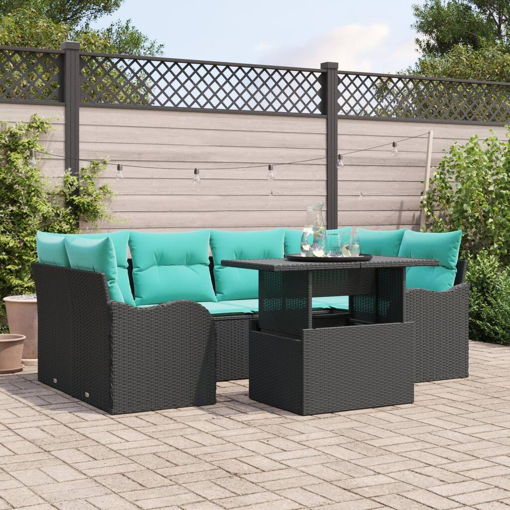vidaXL 7 Piece Garden Sofa Set with Cushions Black Poly Rattan - 92.1×48.2×27.2