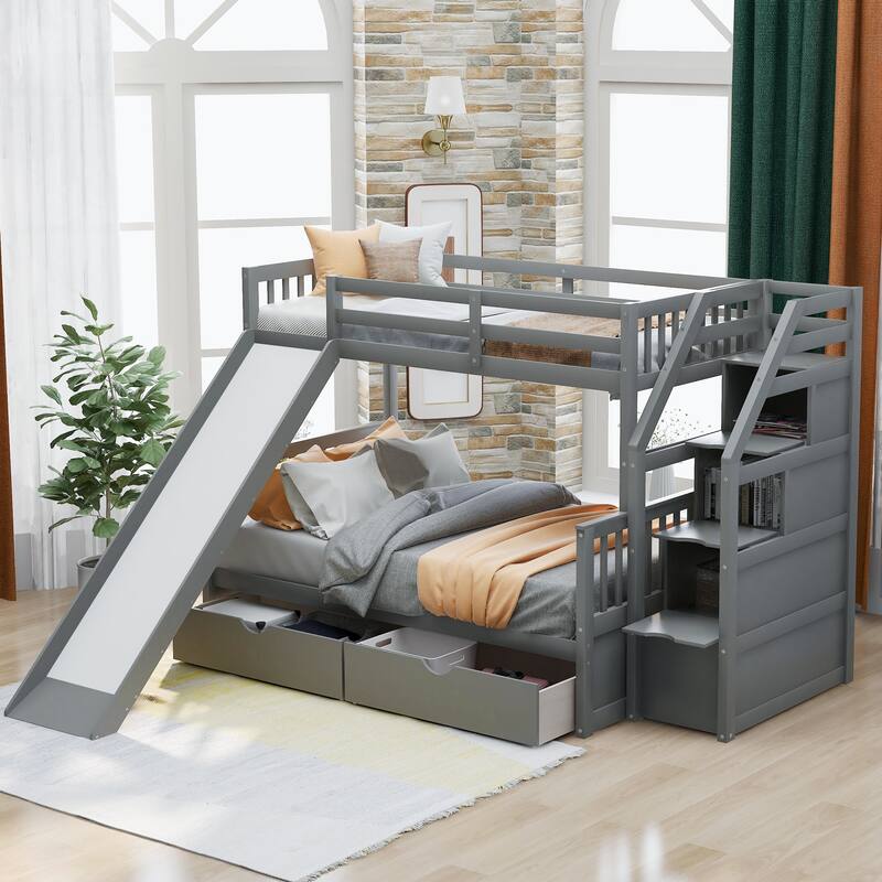 Twin Over Full Bunk Bed With Drawers,Storage And Slide, Multifunction - Gray