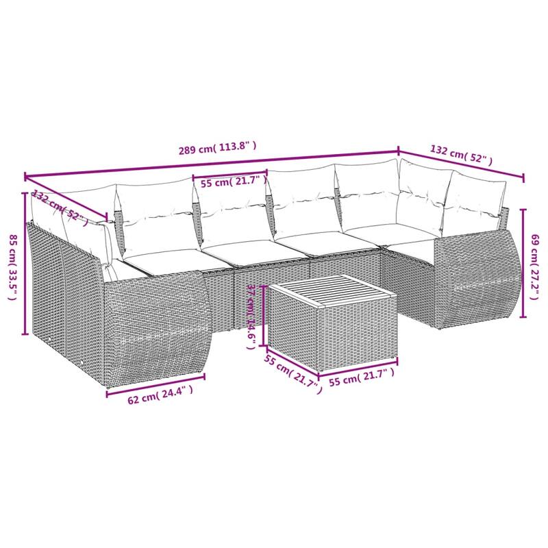 vidaXL Patio Sofa Set with Cushions Outdoor Furniture 8 Piece Poly Rattan - 24.4 x 27.6 x 27.2