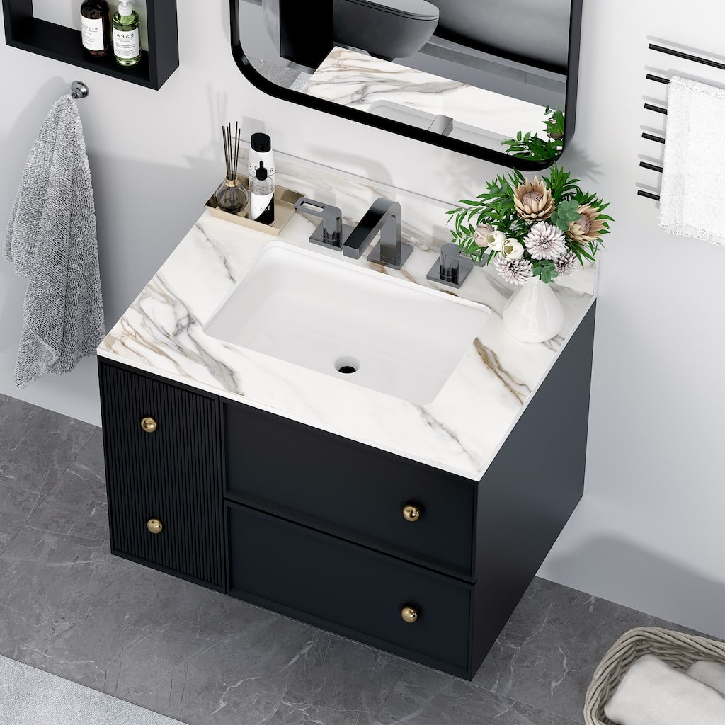 31 Inch Bathroom Marble Vanity Top,Undermount Middle Sink,4" Height Backsplash,Pre-Drilled 8 Inch Faucet Hole Spread Vanity Top