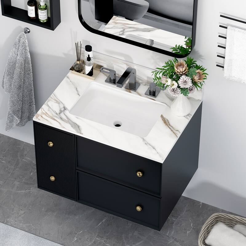 31 Inch Marble Vanity Top, Bathroom Vanity Top with Undermount Rectangular Middle Sink and 4" Height Backsplash - White