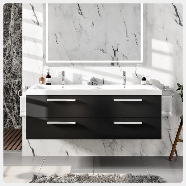 slide 2 of 7, Eviva Surf 57 in. Blackwood Wall Mount DS Bath Vanity with Acrylic Top