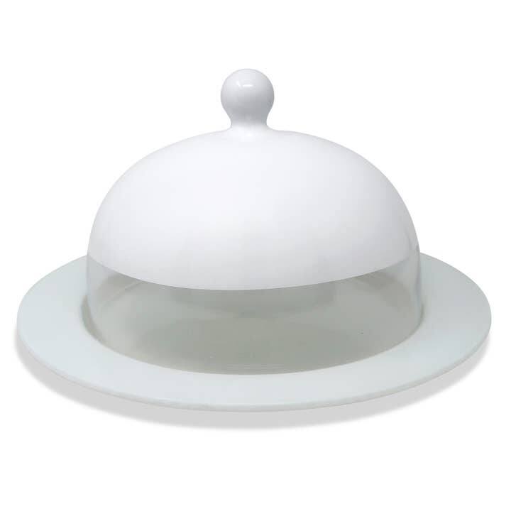 White Glass Cake Plate and Dome - White