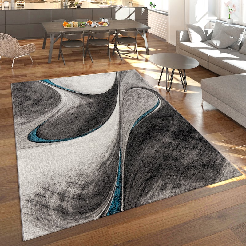 Modern Area Rug for Living Room with Abstract Waves Design - grey-blue - 3'11" x 5'7"