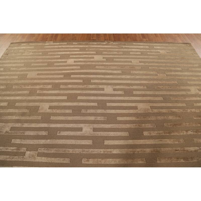 Striped Nepalese Modern Large Area Rug Hand-Knotted Wool Carpet - 10'0" x 13'8"
