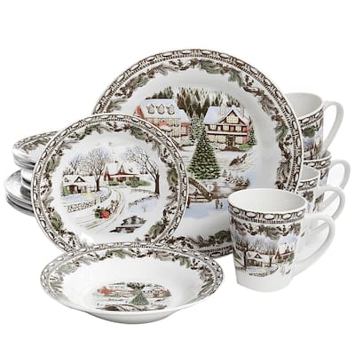 Christmas Time Winter Cabin Dinnerware Set 16 Pieces