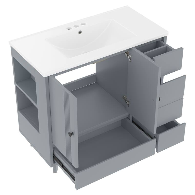 36" Freestanding Bathroom Vanity with Sink - Wood Cabinet with 4 Drawers & Side Storage Rack, Ceramic Basin