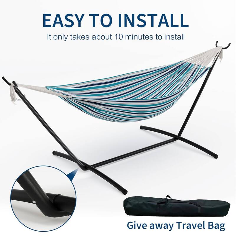 450lb Large Capacity Double Hammock with Steel Stand with Carry Bag for Patio Backyard Poolside