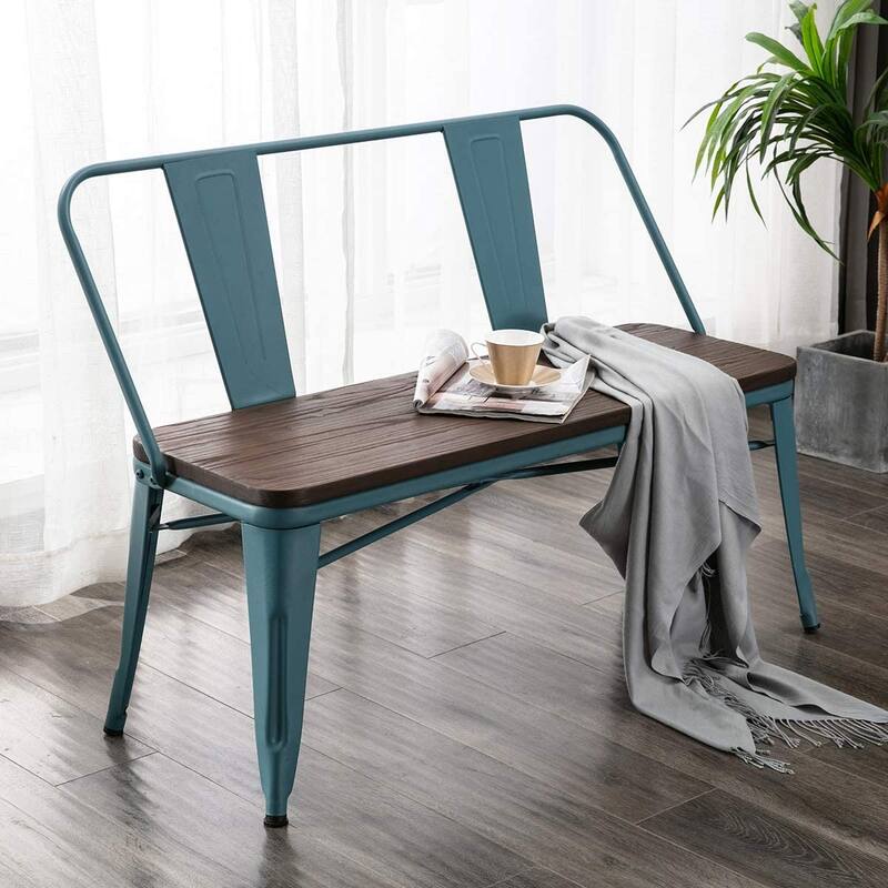 Dining Bench, Entryway Bench with Back, Farmhouse Metal Dining Bench, Industrial Mid-Century 3 Person Bench, Wood Seat