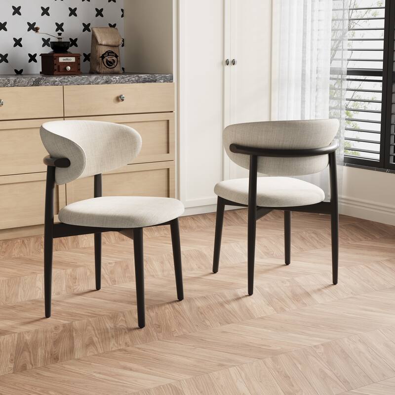 Mid-Century Ash Dining Chair, Solid Wood Legs, Kitchen Chairs with Beige Cotton & Linen Fabric, Set of 2 - Set of 1 - Black