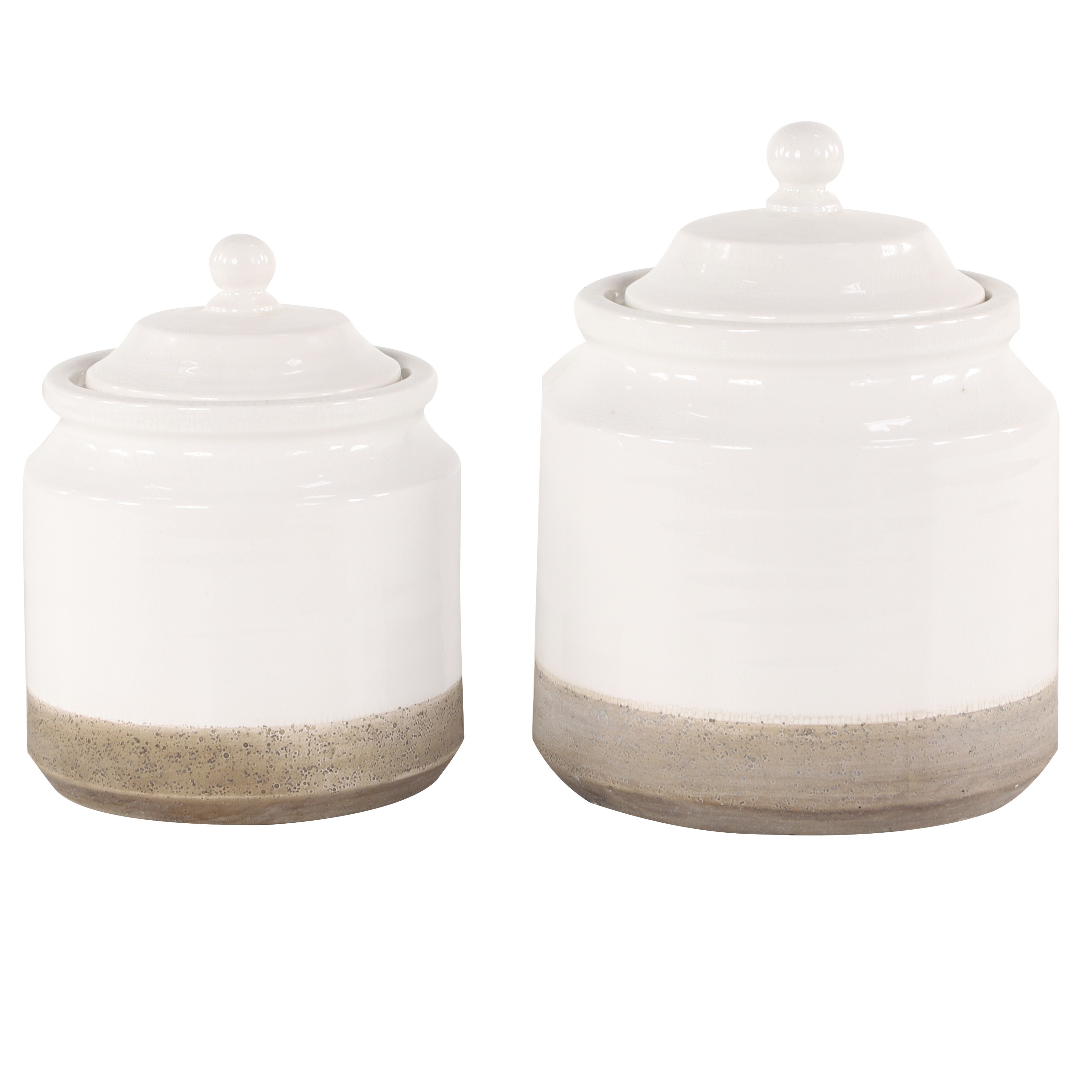 Shop Large Round Vintage Beige And White Ceramic Jars W Lids Set Of 2 7 X 7 X 10 Overstock 32157138