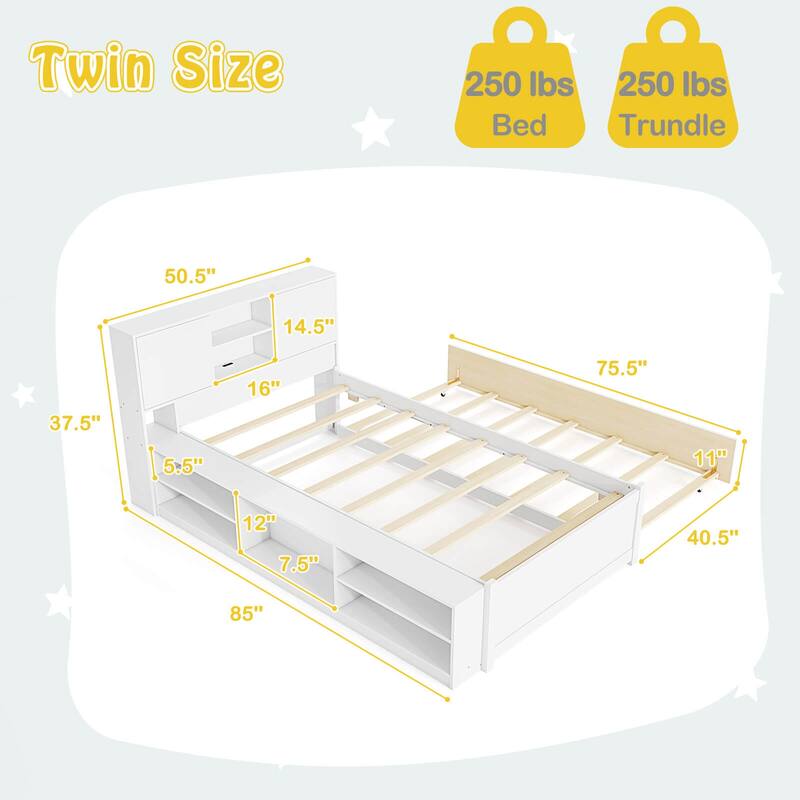 Costway Twin Size Bed Frame with Trundle & Power Outlet Bookcase
