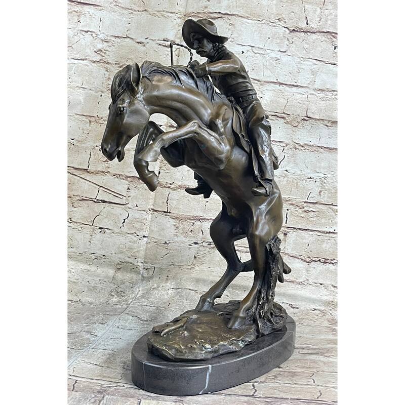 Bronco Buster Frederic Remington Western Bronze Statue Sculpture Marble Base 17 Inches X 15 Inches