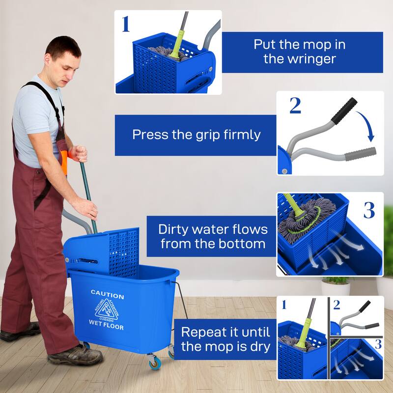 HOMCOM Mop Bucket with Wringer on Wheels for Floor Cleaning, 21 Quart, Separate Dirty and Clean Water