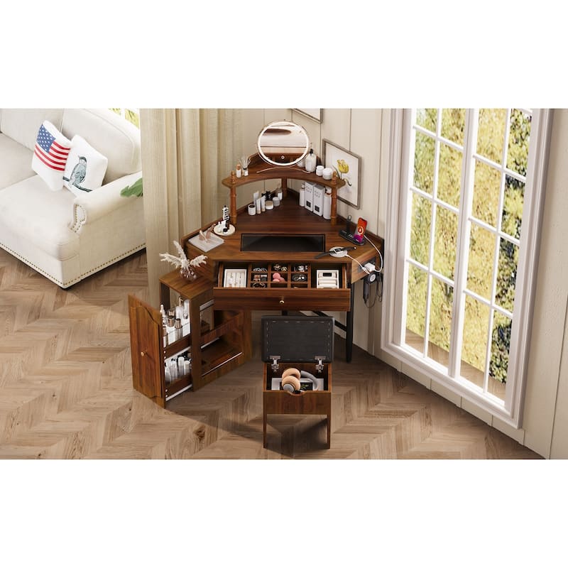 Corner Vanity Desk Set with Storage Stool, Glass Tabletop Makeup Vanity, Dressing Table with Side Cabinet, Drawer & Shelf