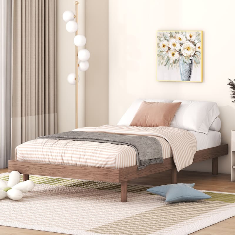 Brown Particle Board Twin Floating Platform Bed Frame with Rubberwood Legs - Twin
