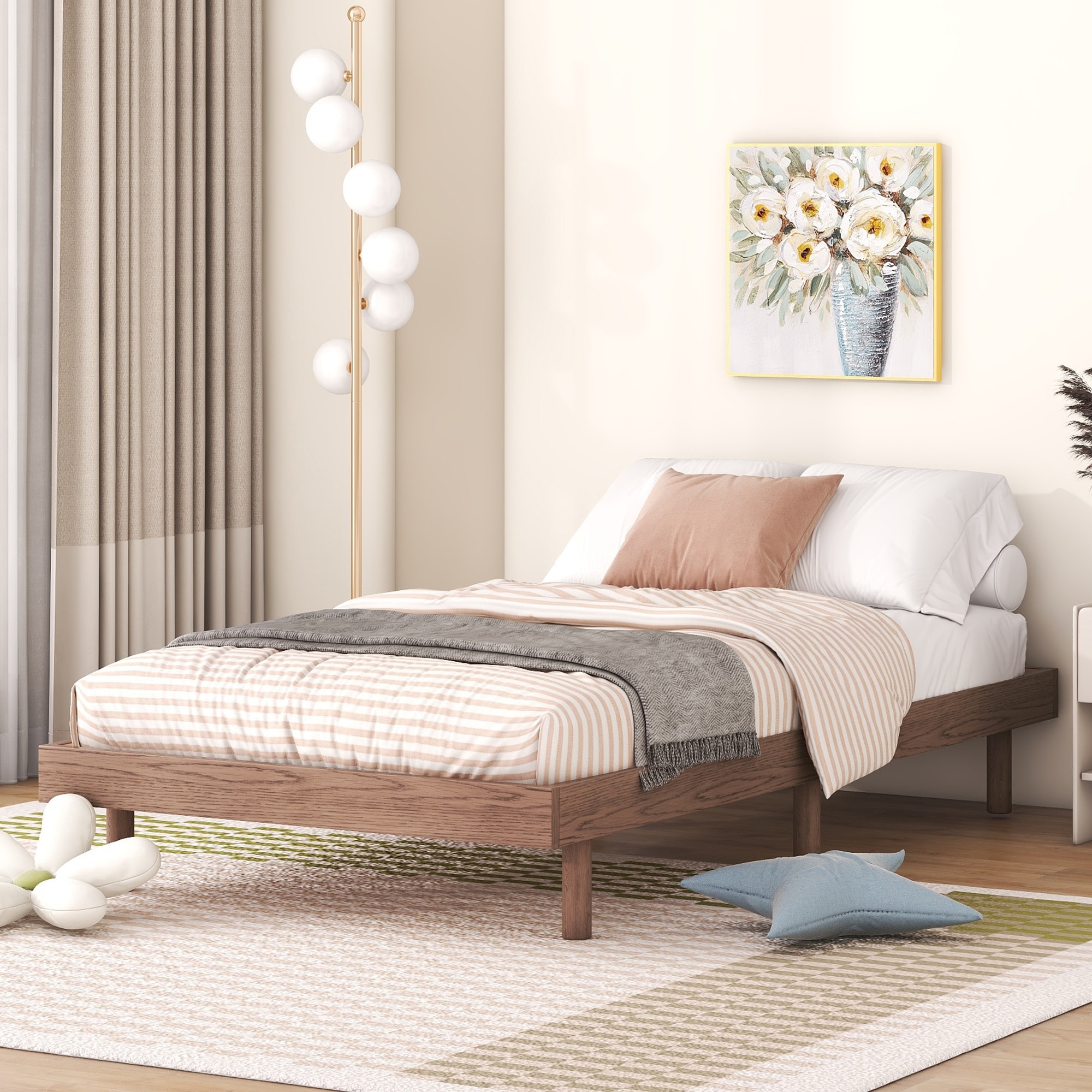 Modern Design Twin Size Floating Platform Bed Frame for Walnut