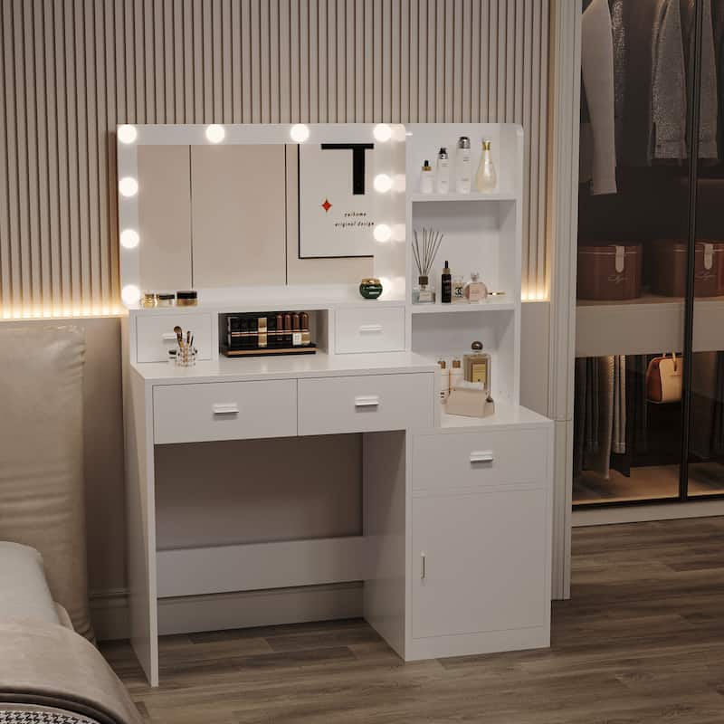 Vanity with Mirror and Hair Dryer Rack 5 Drawer Dressing Table Stool USB Charging Station