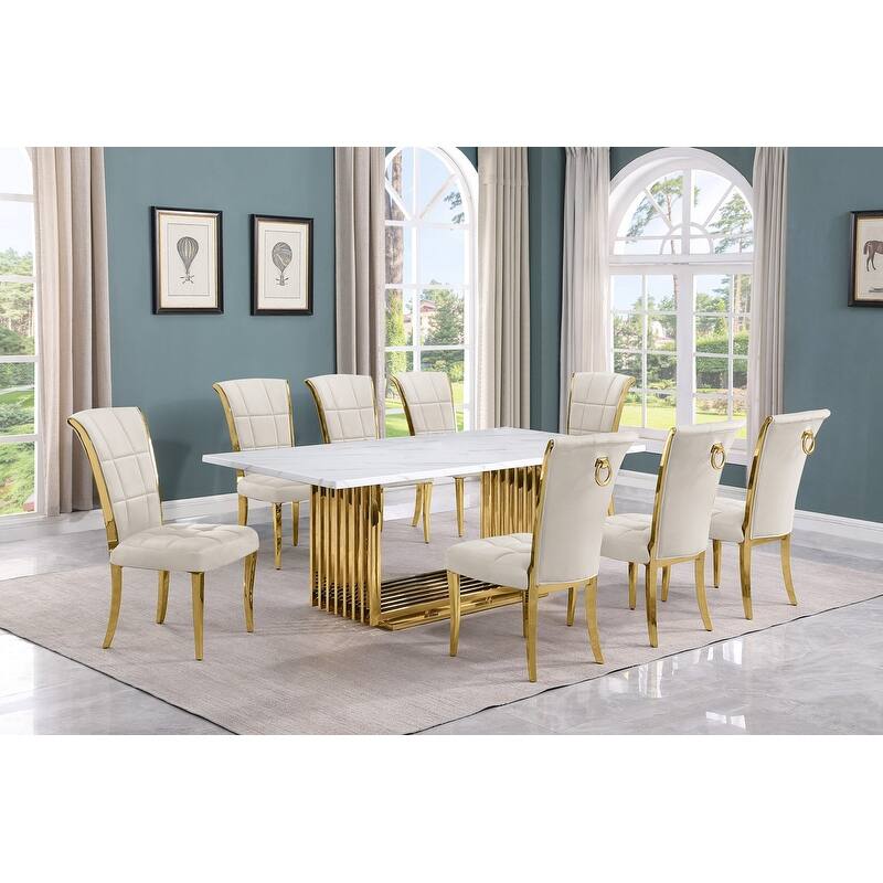 Best Quality Furniture D312/3-SC320-7 Dining Set with 79" White Marble Top - 9-Piece - Cream / Gold