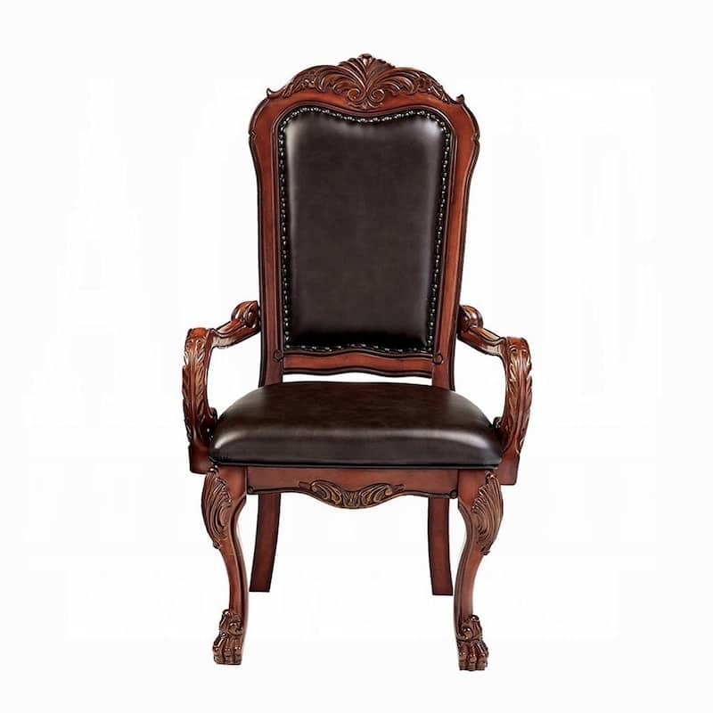 HomeRoots Set of Two Brown Upholstered Faux Leather Queen Anne Back Dining Arm Chairs