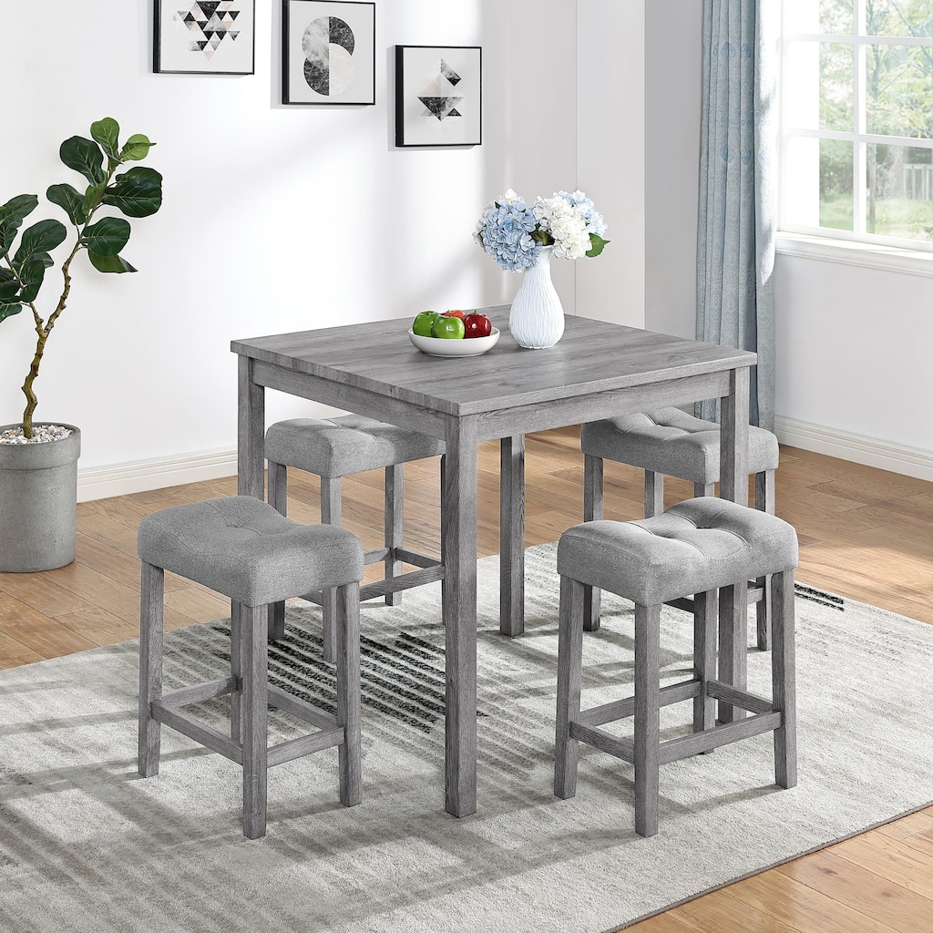 5-Piece Bar Table Set with 4 Ergonomic Stools, Table & Chairs Set with Coffee Table Gray Breakfast Nook